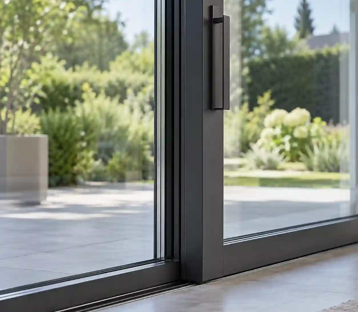 Hebeschiebetuer aus Aluminium mit schmalen Profilen und grosser Glasflaeche von ecowindow