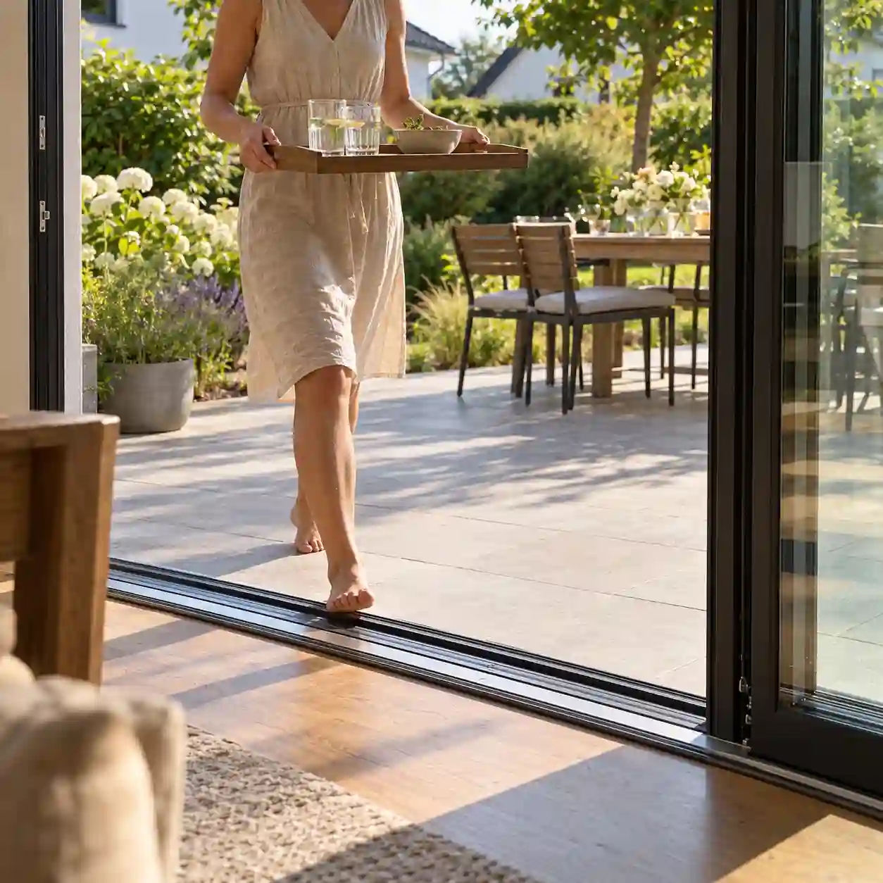 Weit geöffnete Hebeschiebetür mit voller Durchgangsbreite zur Terrasse von ecowindow