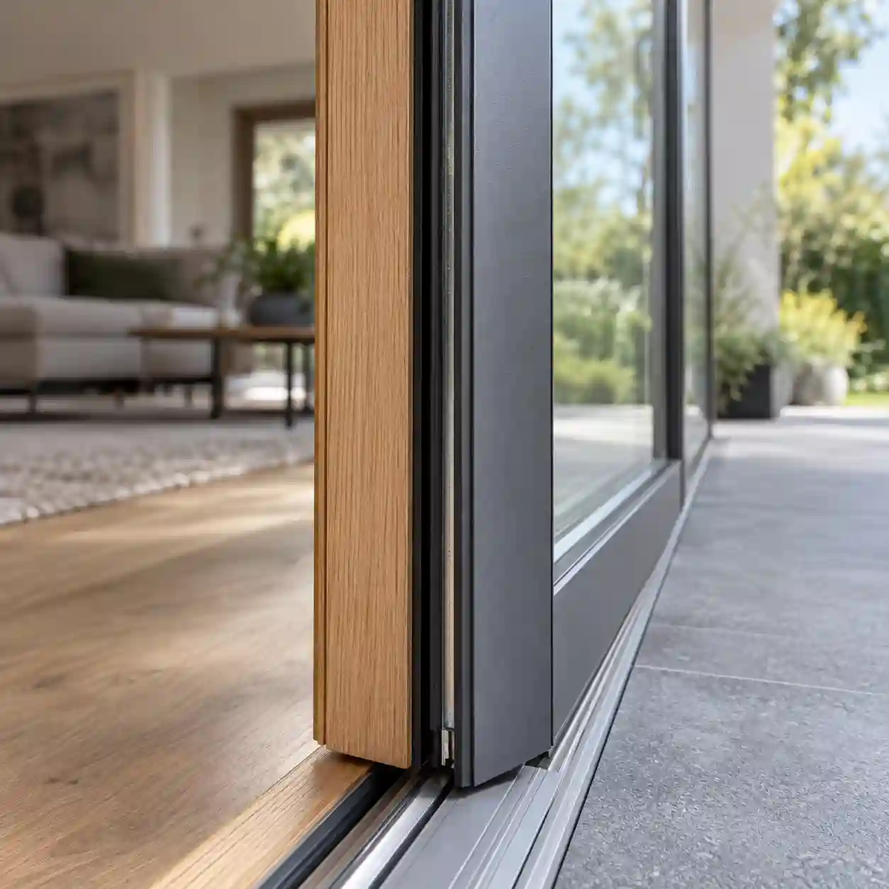 Hebeschiebetuer aus Holz-Alu innen in heller Eiche und aussen in Anthrazit von ecowindow