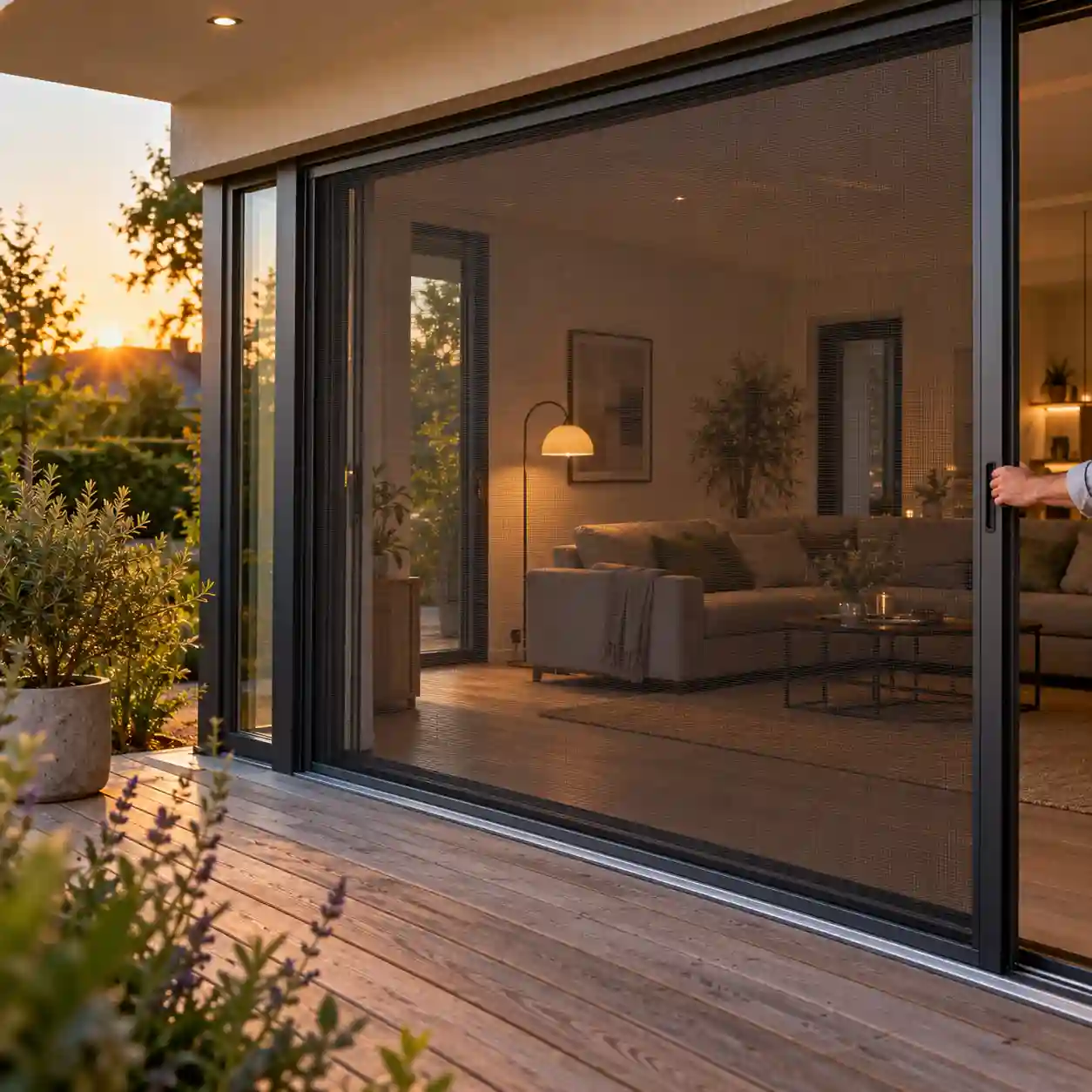 Geoeffnete Hebeschiebetuer mit Insektenschutz zur Terrasse von ecowindow