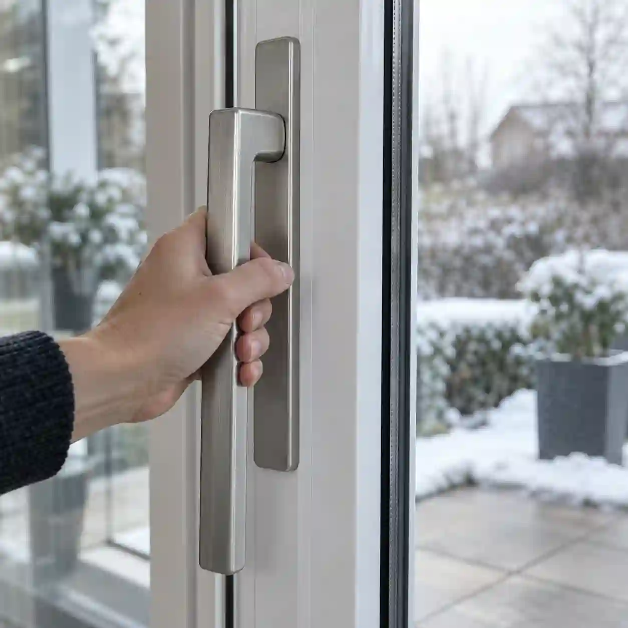 Hand dreht den Griff einer Hebeschiebetür von ecowindow, der Flügel hebt sich an