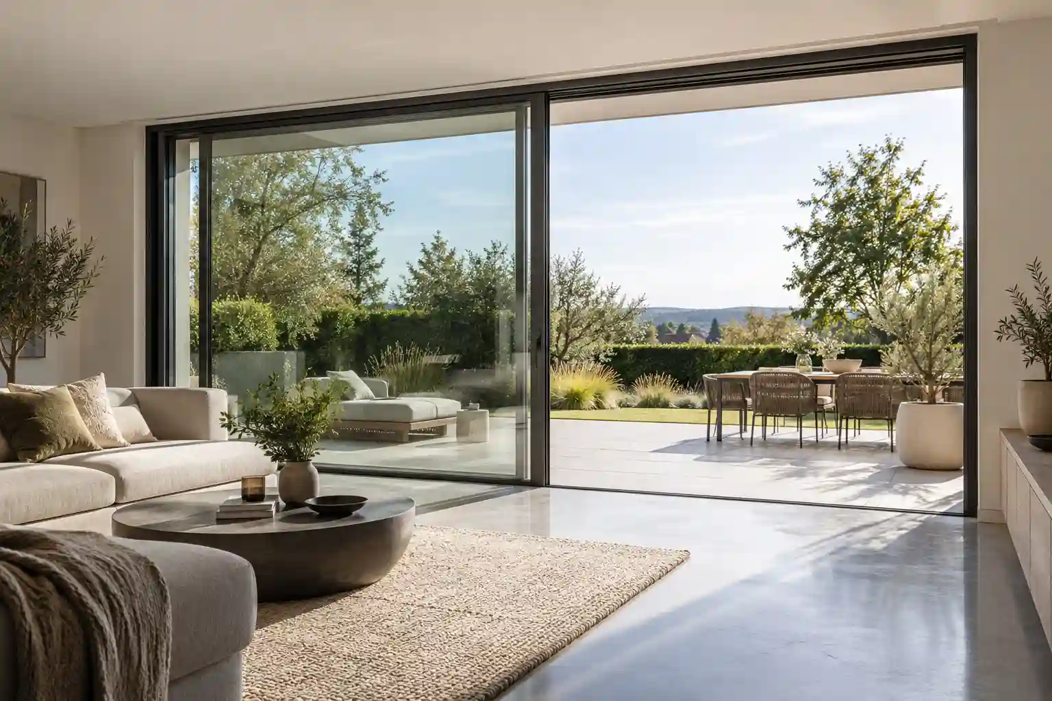 Hebeschiebetuer aus Aluminium mit schmalen Rahmen und geoeffnetem Fluegel zur Terrasse von ecowindow