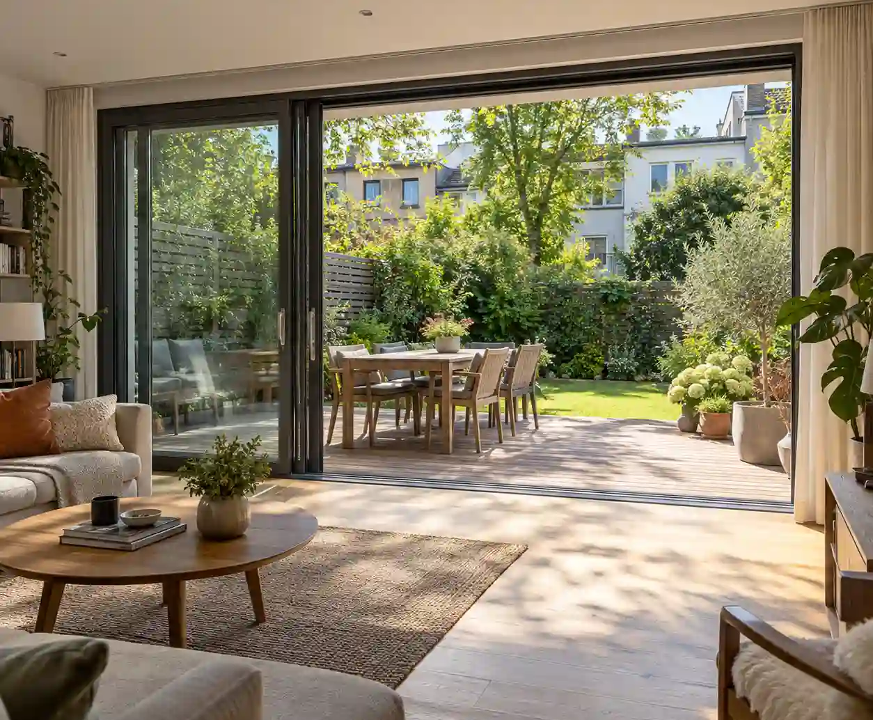 Geöffnete Hebeschiebetür mit Blick in den Garten an einem Berliner Reihenhaus von ecowindow