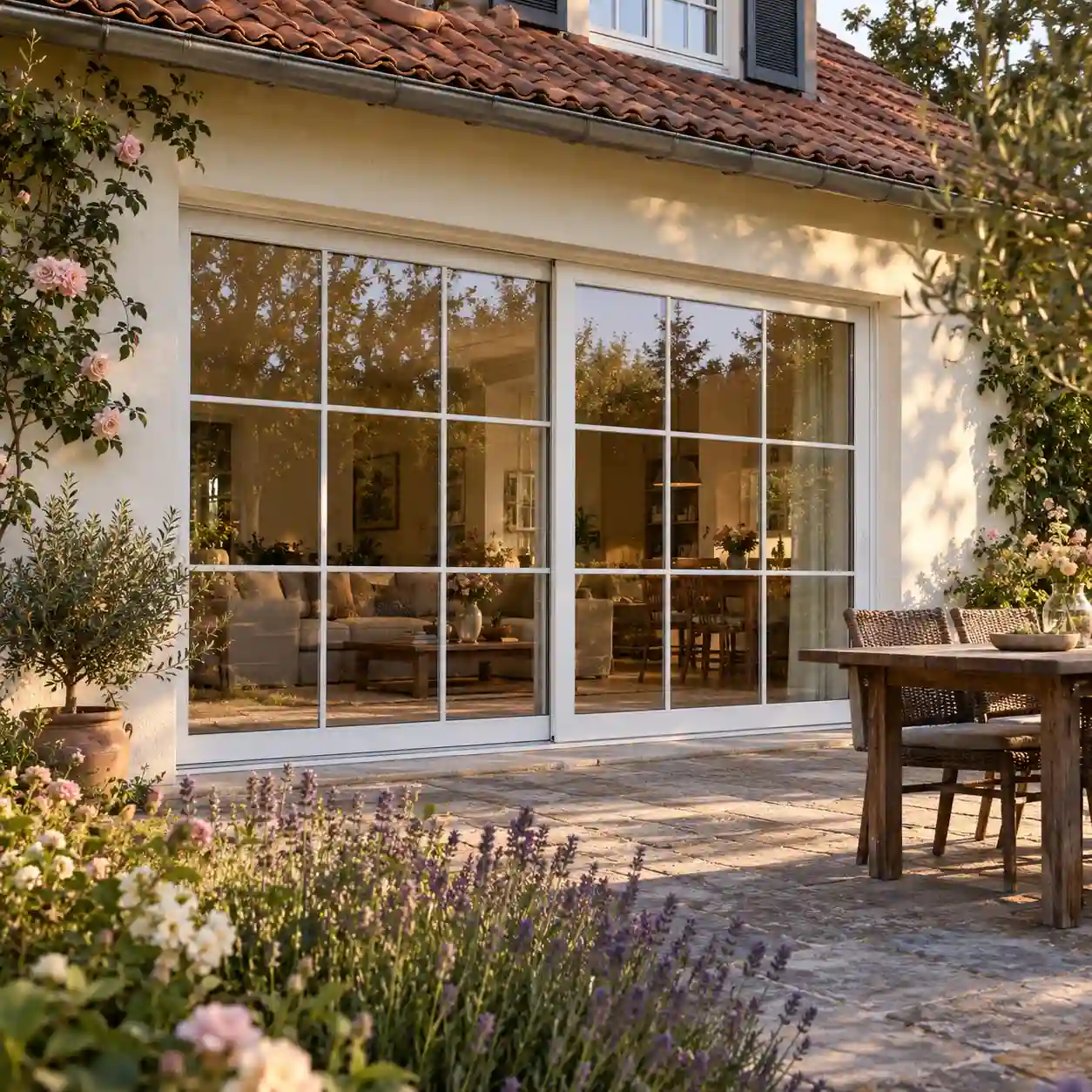 Hebeschiebetuer 4m mit Wiener Sprossen an einem Landhaus von ecowindow