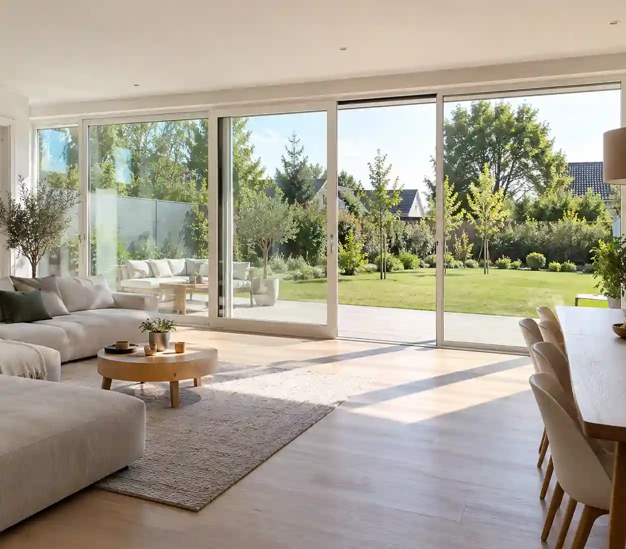 Breite Hebeschiebetuer aus Kunststoff ueber die ganze Wand eines Wohnzimmers von ecowindow