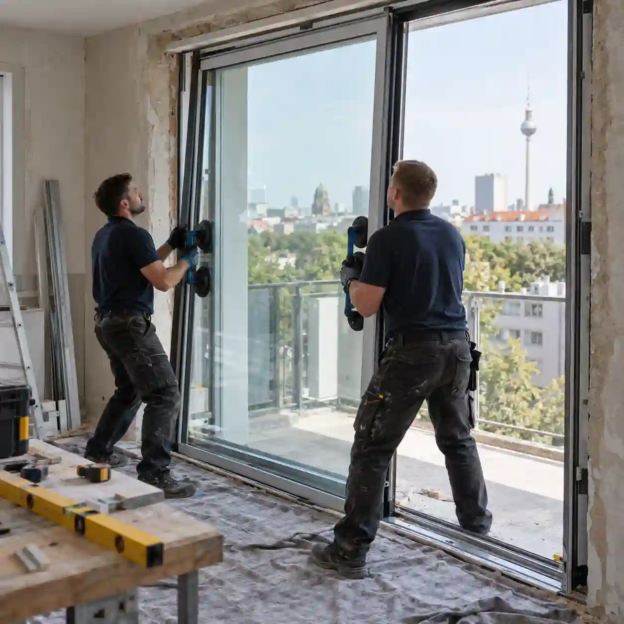 ecowindow-Monteure setzen in Berlin ein Hebeschiebetür-Element in die Öffnung ein