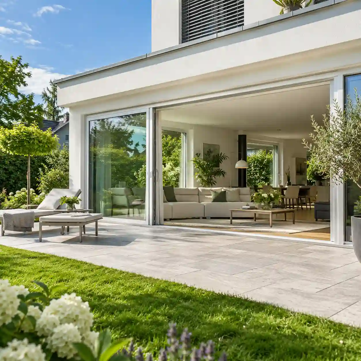 Grosse Hebeschiebetuer aus Kunststoff mit geoeffnetem Fluegel zur Terrasse von ecowindow