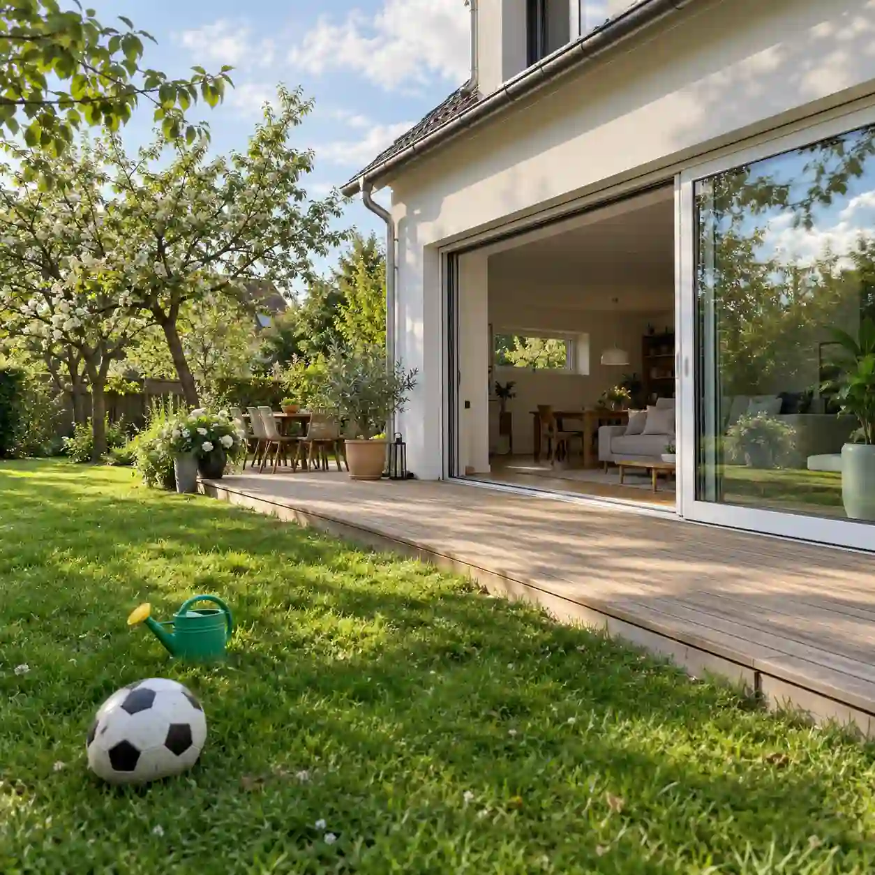 Geoeffnete Hebeschiebetuer an einer ebenerdigen Gartenterrasse von ecowindow