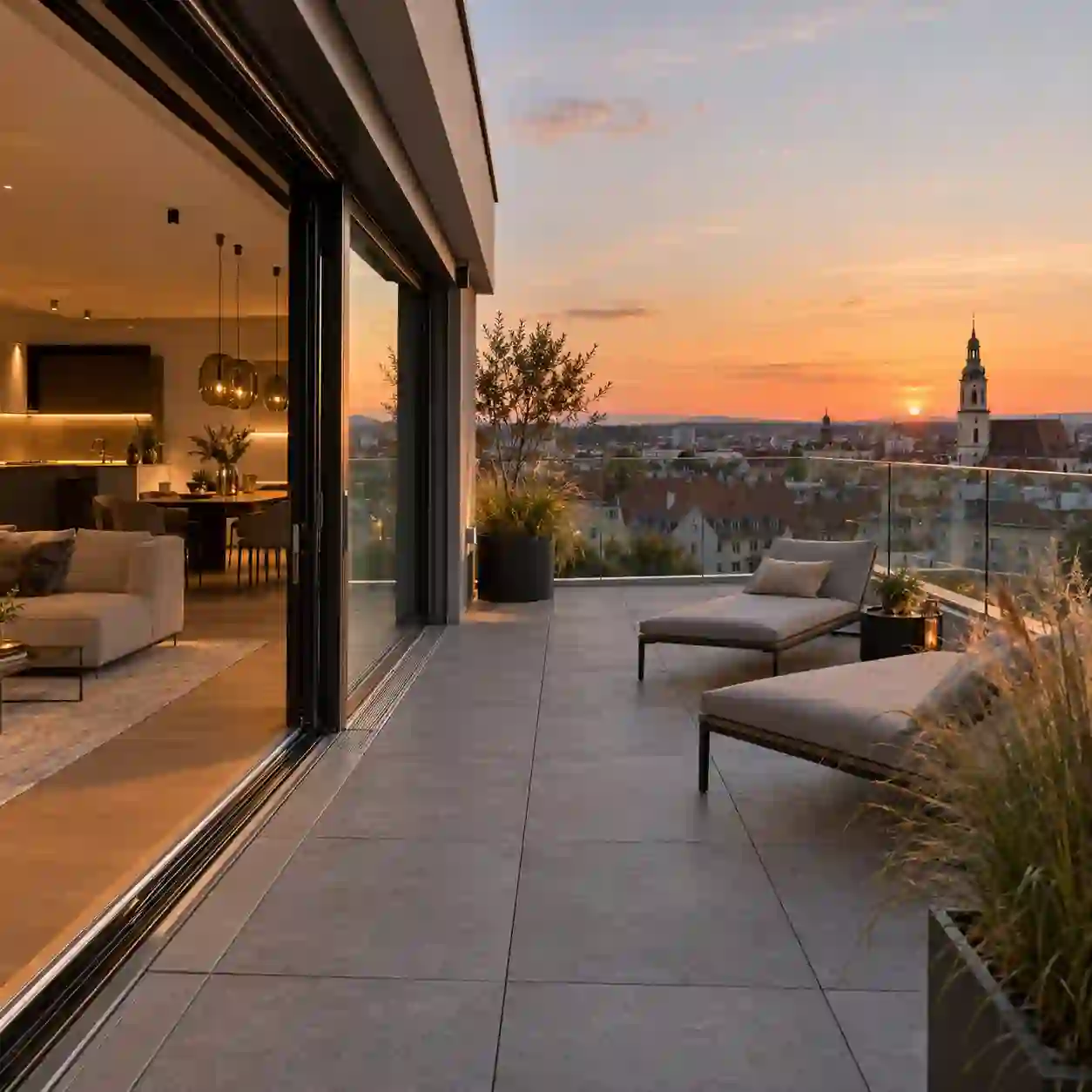 Hebeschiebetuer als Zugang zu einer Dachterrasse von ecowindow