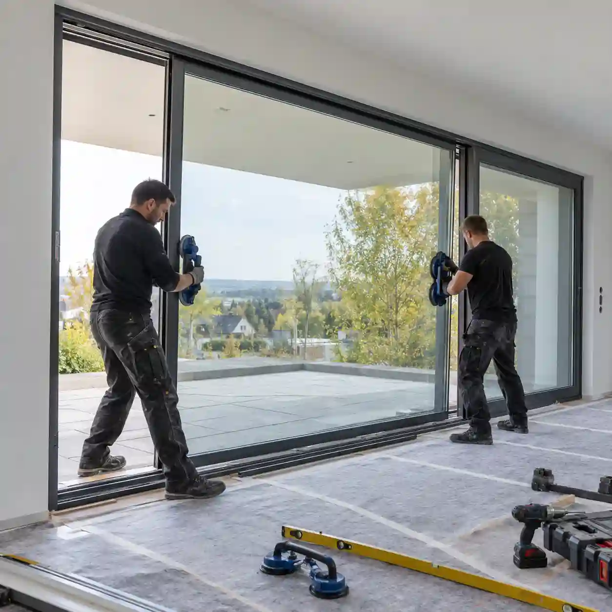 Monteure beim Einbau einer 4 m breiten Hebeschiebetuer von ecowindow