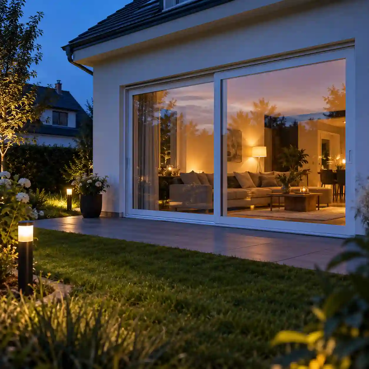 Verriegelte Hebeschiebetuer aus Kunststoff am Abend von ecowindow