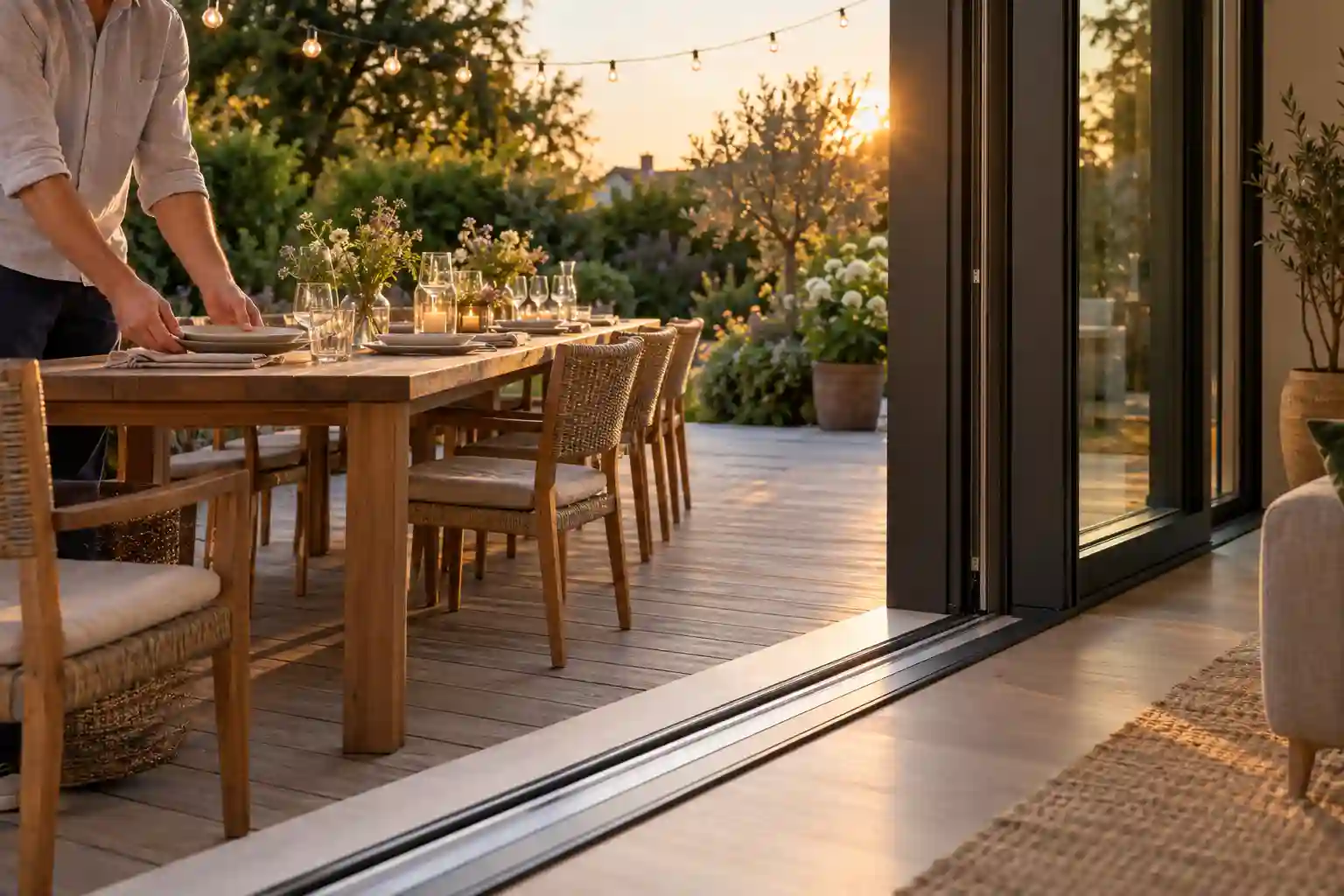 Weit geoeffnete Hebeschiebetuer zur Terrasse an einem Sommertag von ecowindow