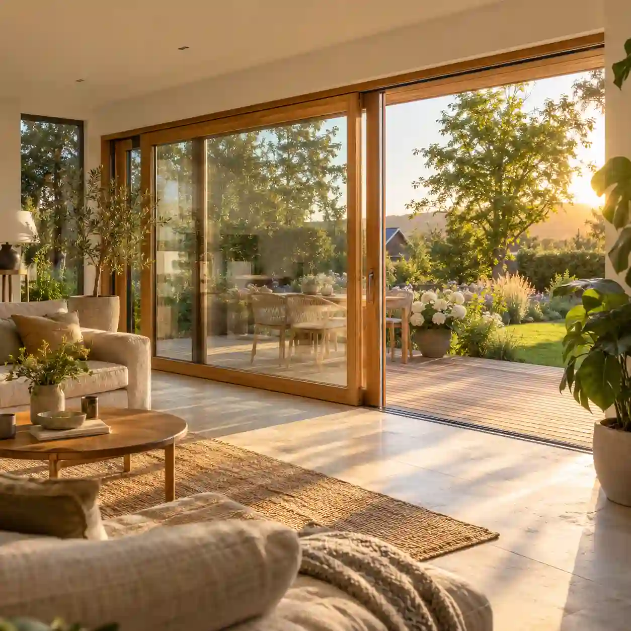 Hebeschiebetuer aus Holz mit Eichenrahmen und geoeffnetem Fluegel zur Terrasse von ecowindow
