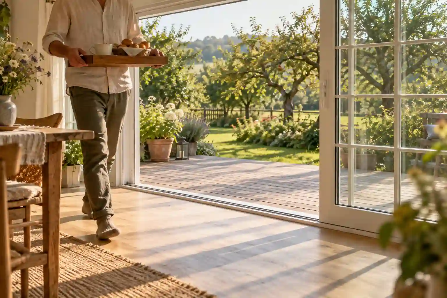 Hebeschiebetür mit Sprossen Hebeschiebetuer mit Sprossen zur Terrasse im warmen Abendlicht von ecowindow