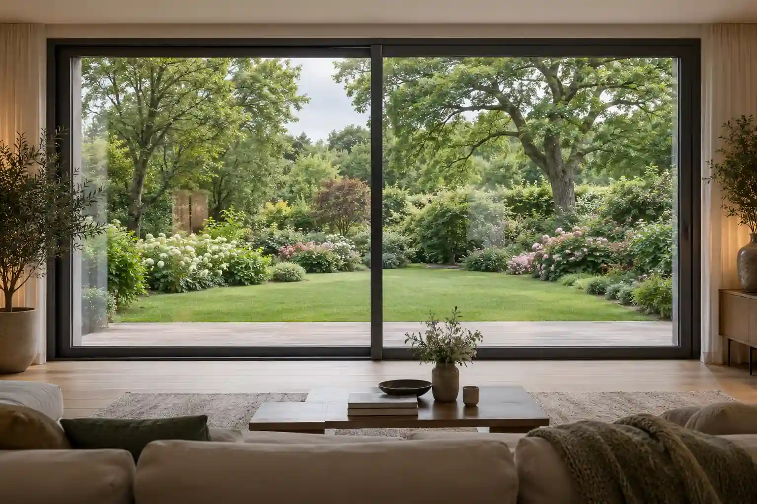 Weiter Gartenblick durch eine 4 m breite Hebeschiebetuer von ecowindow