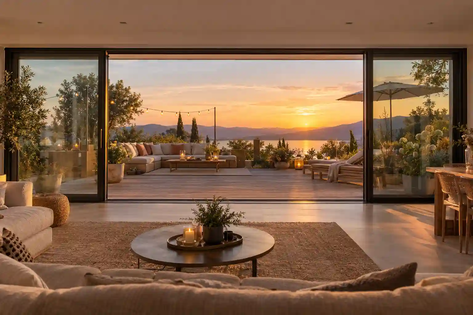 Geoeffnete 4 m breite Hebeschiebetuer verbindet Wohnzimmer und Terrasse im Sommer von ecowindow