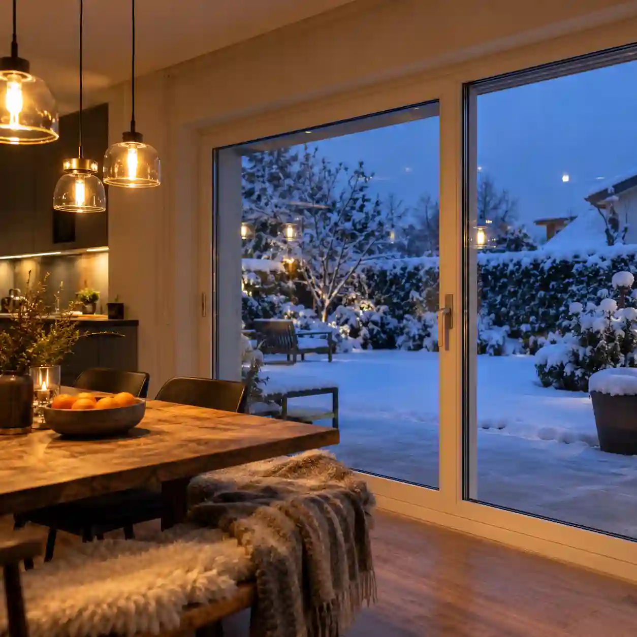 Geschlossene Hebeschiebetuer aus Kunststoff mit Dreifachverglasung vor einer verschneiten Terrasse von ecowindow