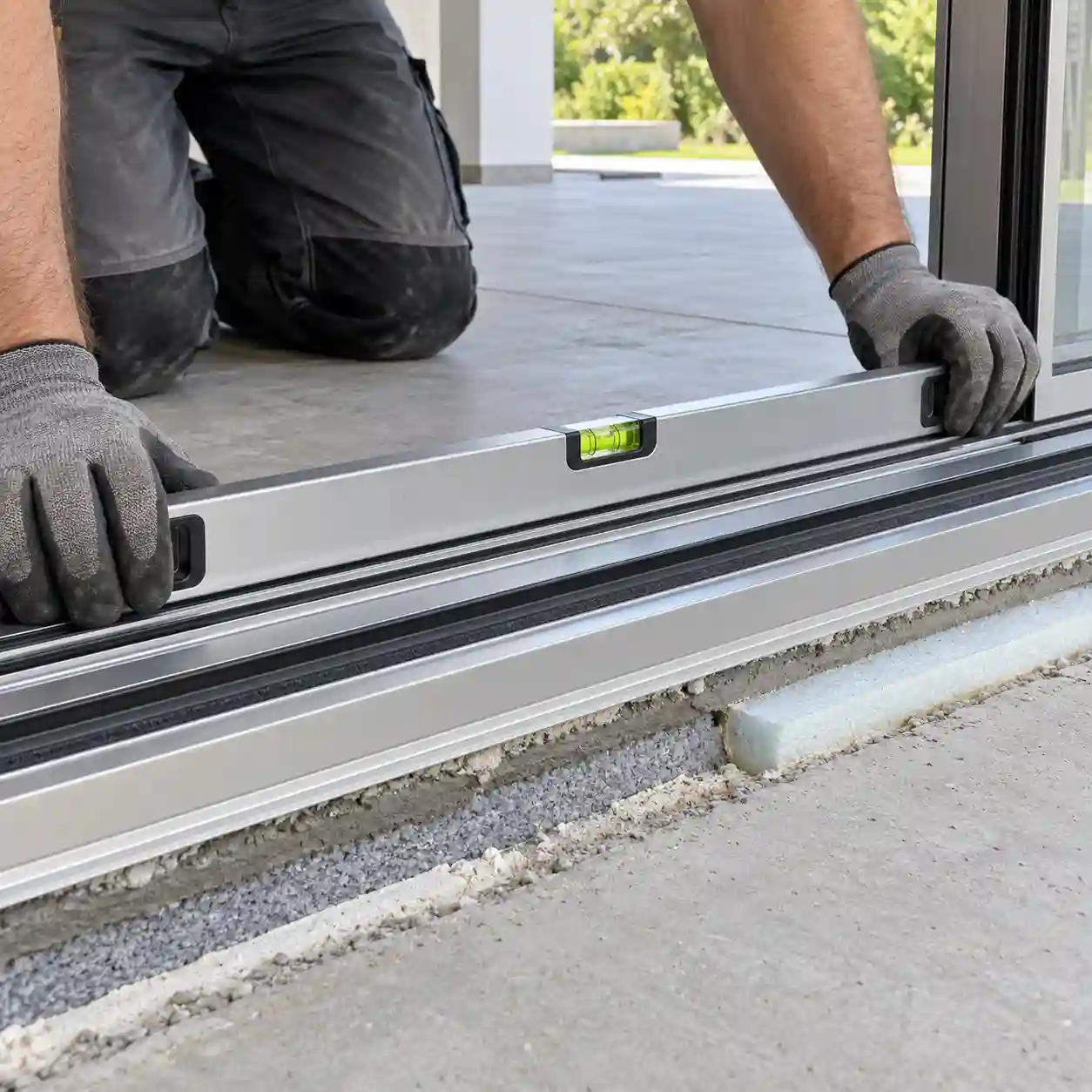 Monteur richtet die Laufschiene einer 2 m breiten Hebeschiebetuer mit der Wasserwaage aus von ecowindow