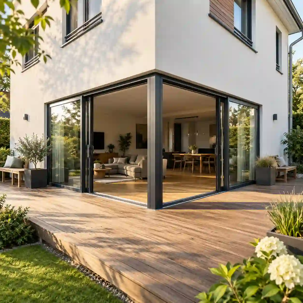 Hebeschiebetuer ueber Eck an einer Terrasse rund um die Hausecke von ecowindow