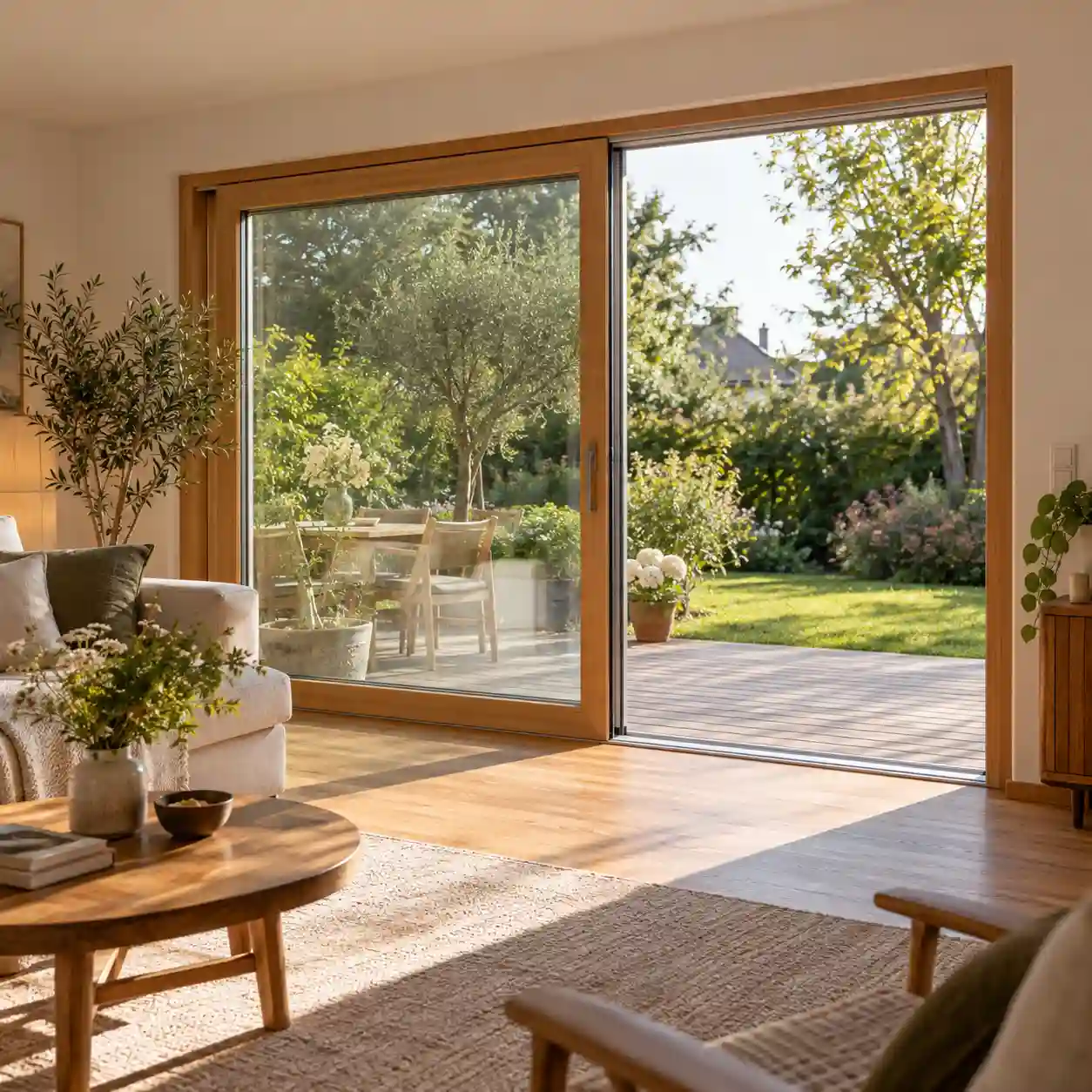 Hebeschiebetuer aus Holz-Alu mit Holzrahmen innen und geoeffnetem Fluegel zur Terrasse von ecowindow