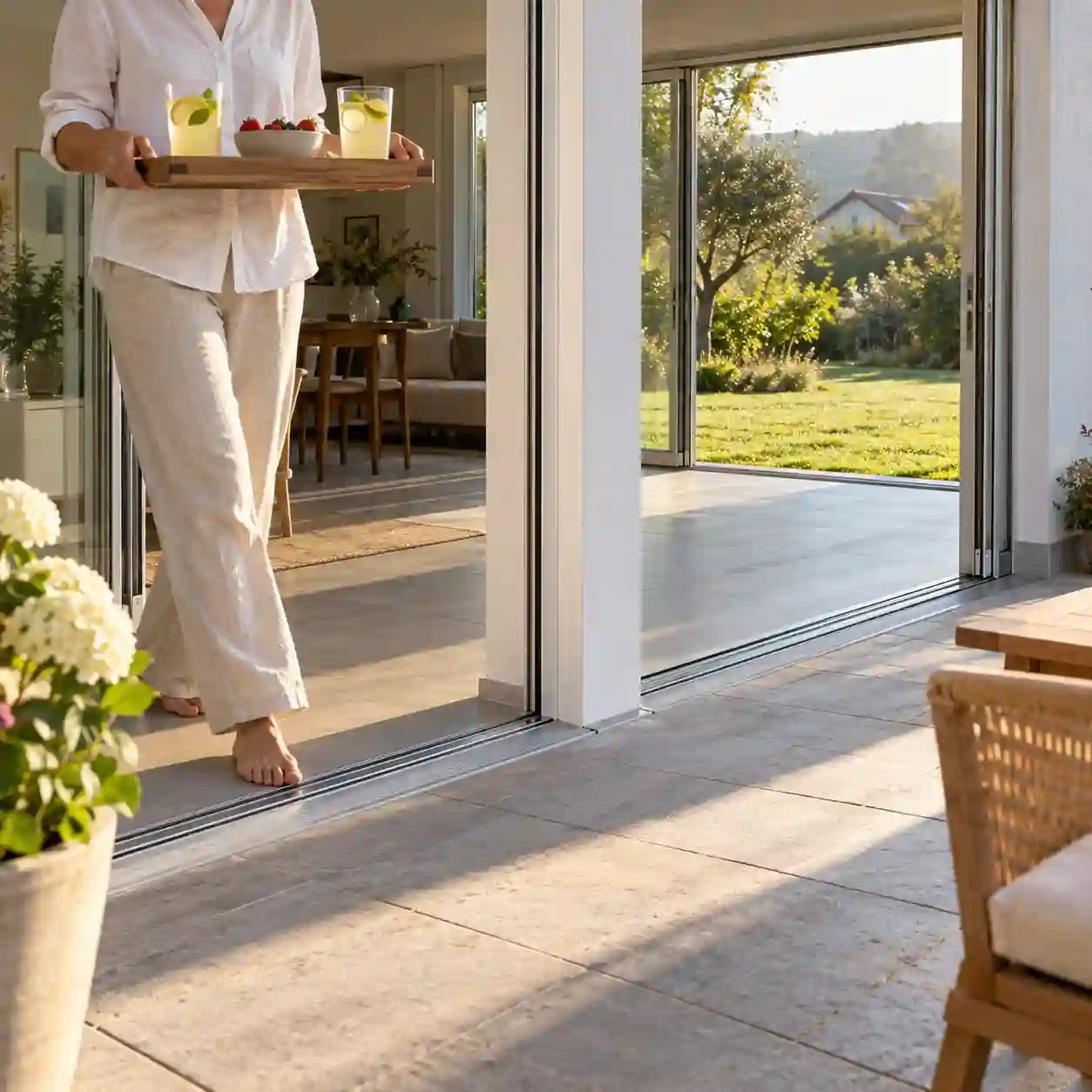 Hebeschiebetuer ueber Eck mit geoeffneten Schiebefluegeln zur Terrasse von ecowindow