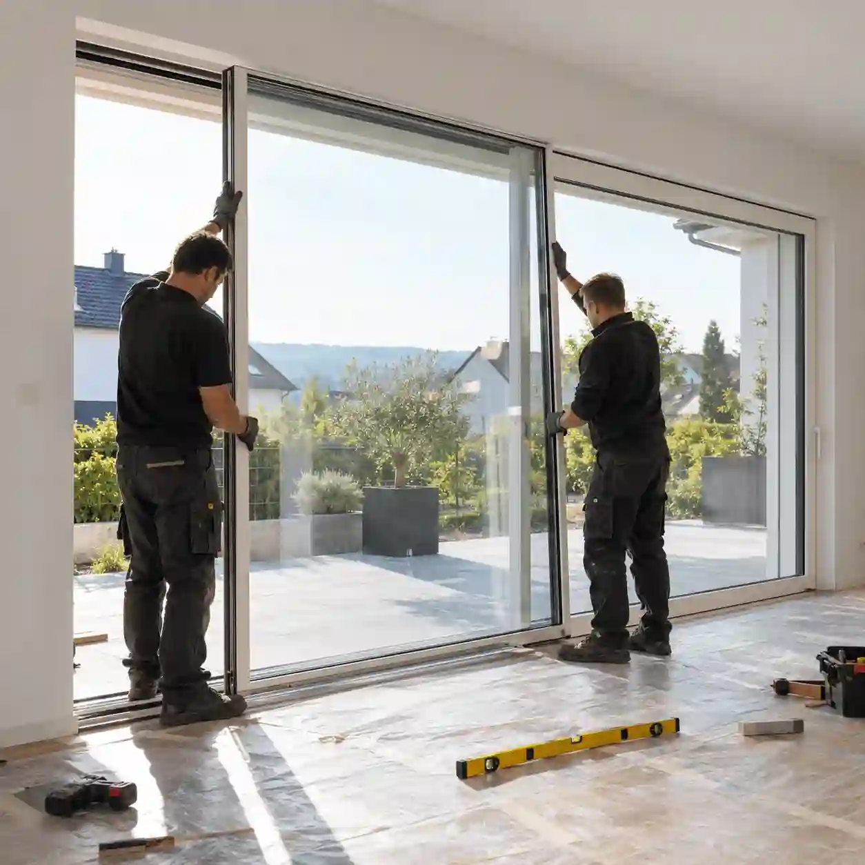 Monteure beim Einbau einer 3 m breiten Hebeschiebetuer von ecowindow