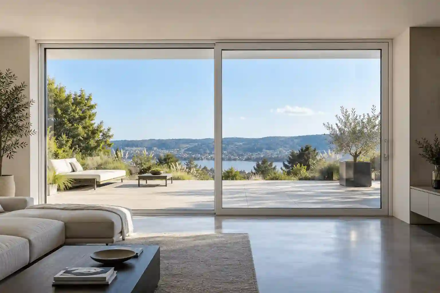 Fast raumhohe Hebeschiebetuer 300 x 240 cm zur Terrasse von ecowindow