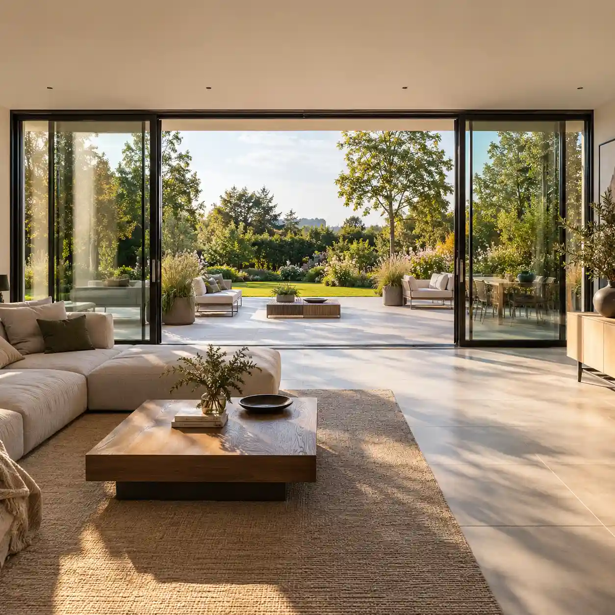 Hebeschiebetuer 5m als Panorama-Glasfront zur Terrasse von ecowindow