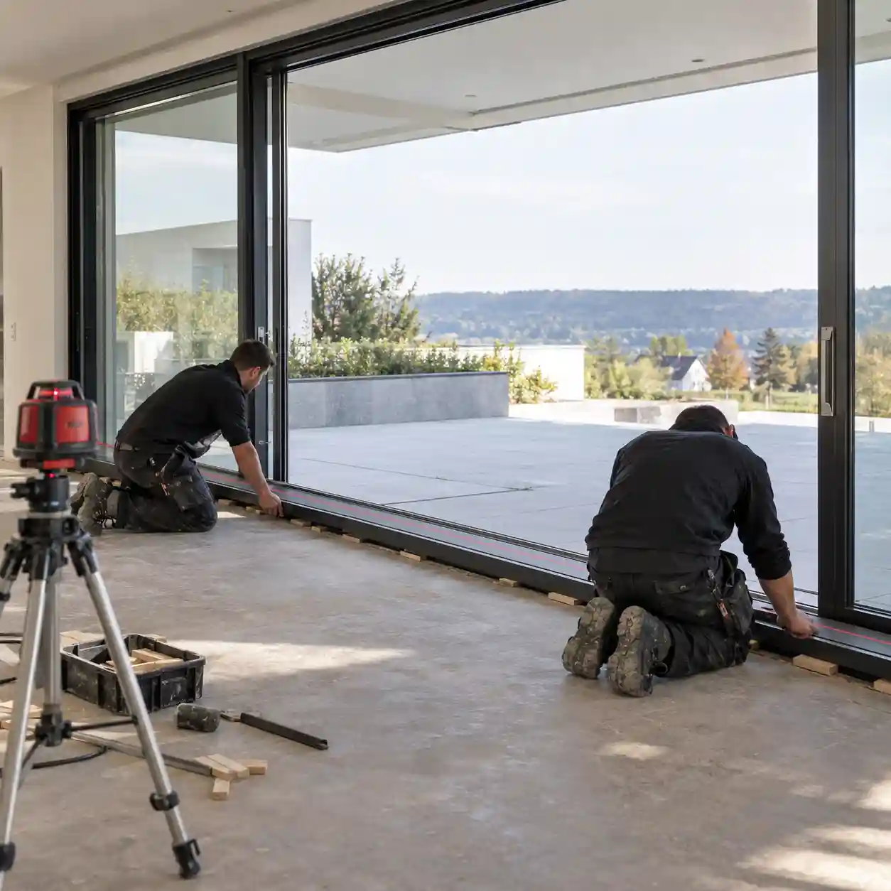 Monteure richten die Laufschiene einer 5 m breiten Hebeschiebetuer mit dem Nivelliergeraet aus von ecowindow