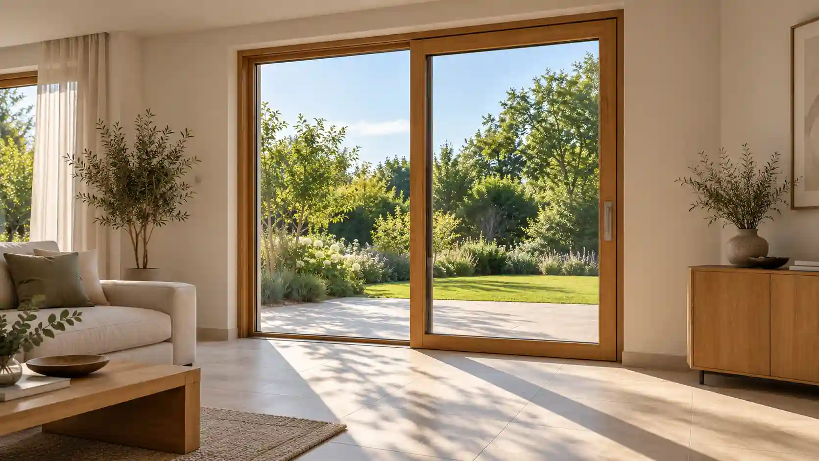 Bodentiefe Hebeschiebetuer 200 x 230 cm mit Gartenblick von ecowindow