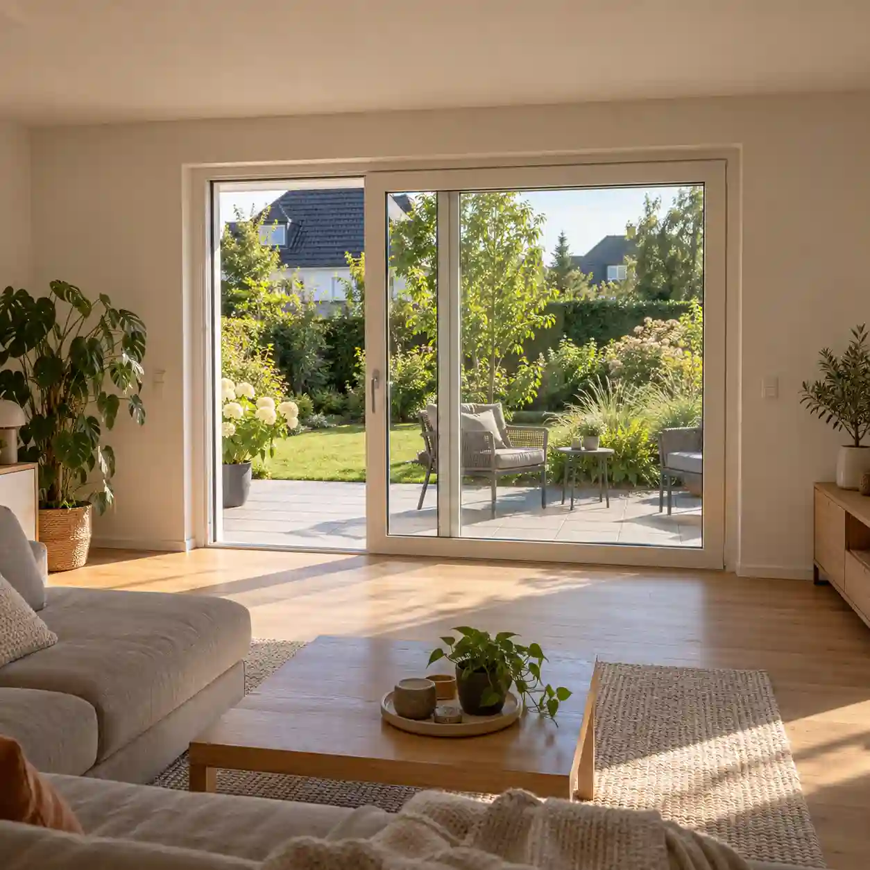 Zweifluegelige Hebeschiebetuer mit Festfeld und Schiebefluegel zur Terrasse von ecowindow