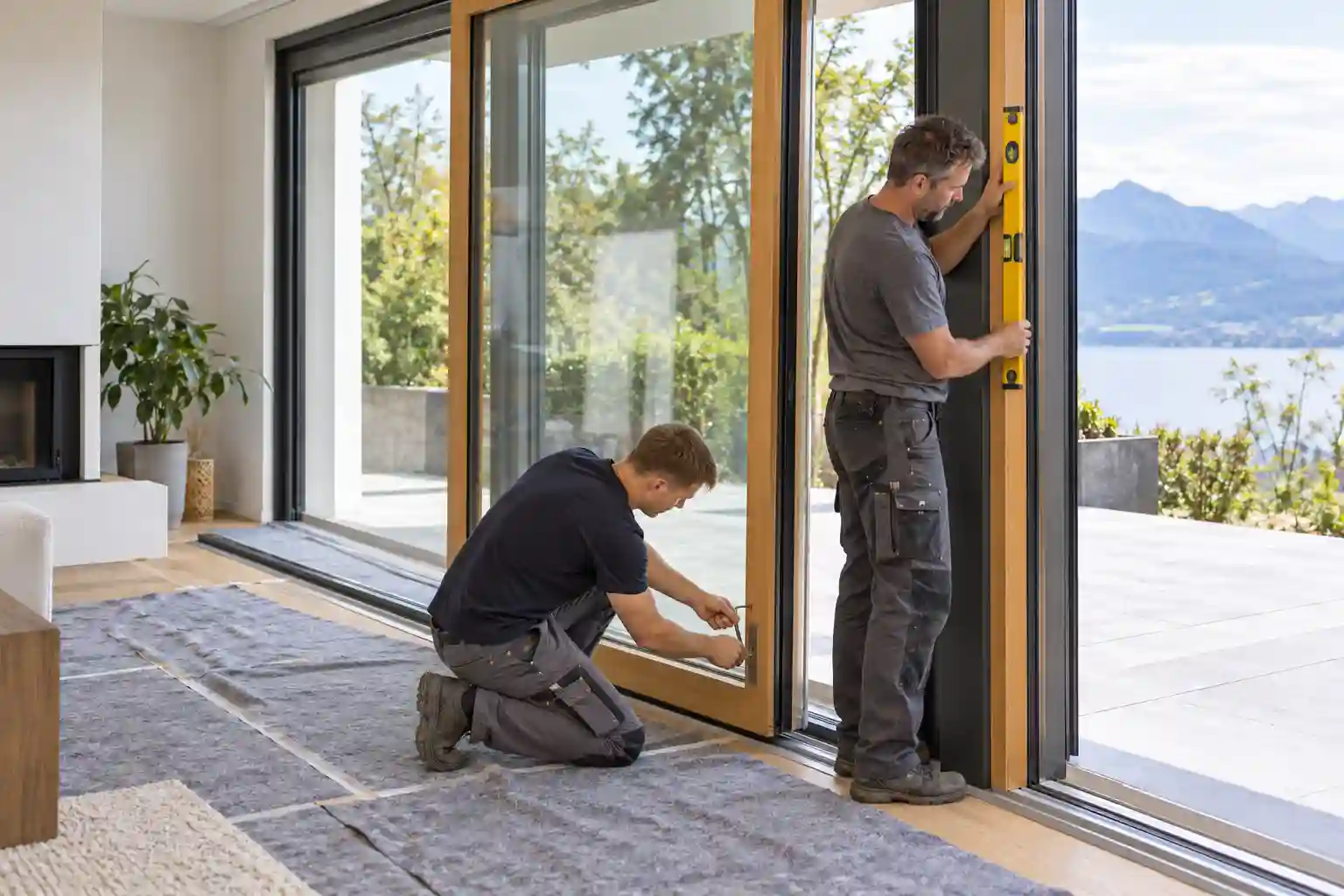 Monteure setzen den Fluegel einer Hebeschiebetuer aus Holz-Alu ein von ecowindow